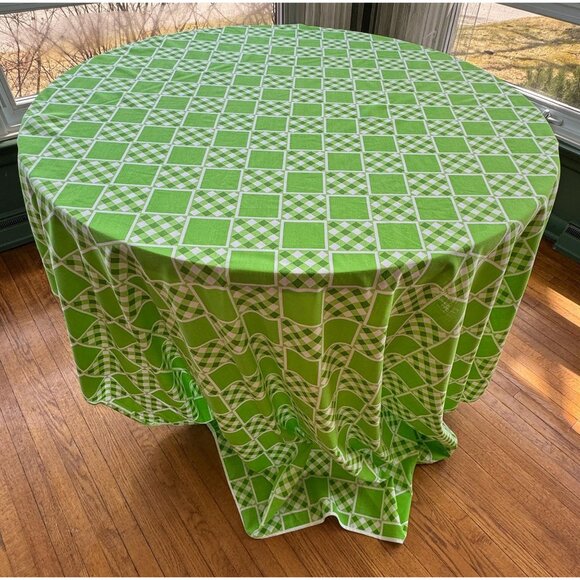 Vintage 70s fitted/bottom sheet, green checkered geometric bedsheet, double/full - Picture 2 of 7